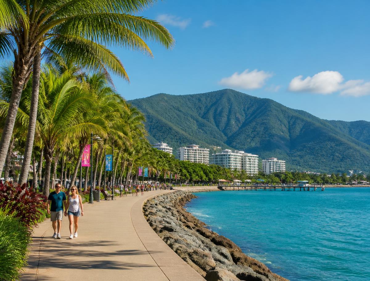 Cairns esplanade with rainforest mountains and the Coral Sea