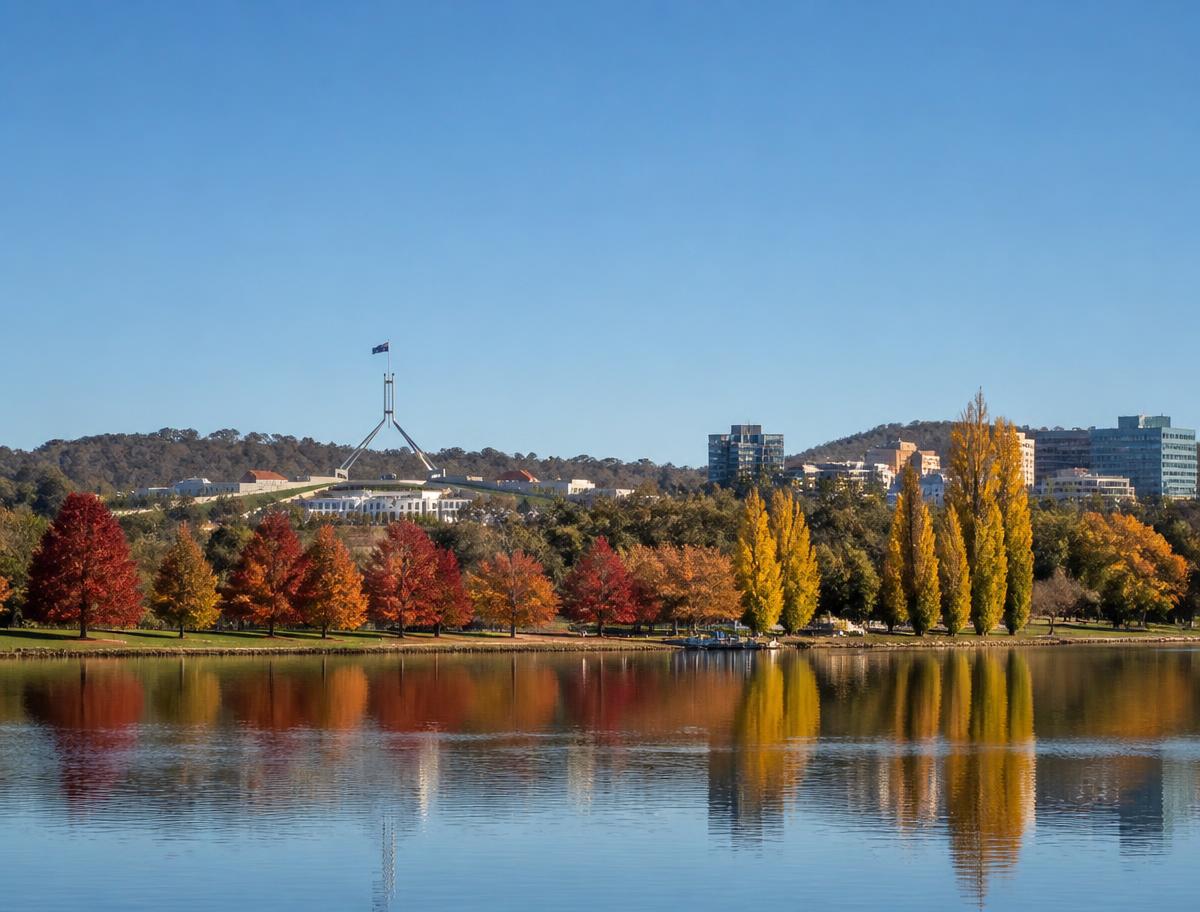 Canberra's Lake Burley Griffin with parliament and autumn trees