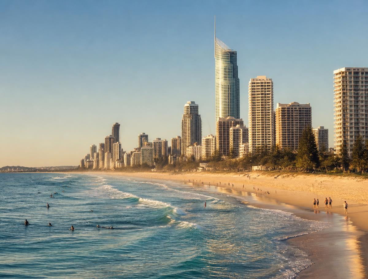 Gold Coast high-rise skyline behind a long surf beach