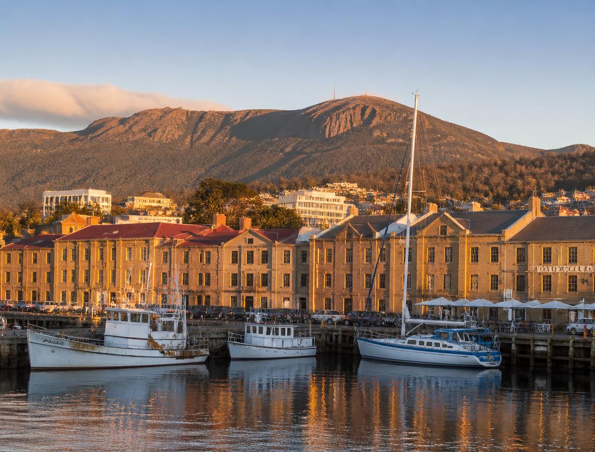 Hobart waterfront with Mount Wellington rising behind the city
