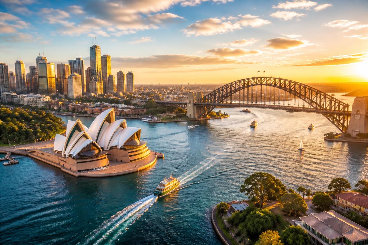Sydney Harbour with the Opera House and Harbour Bridge at golden hour