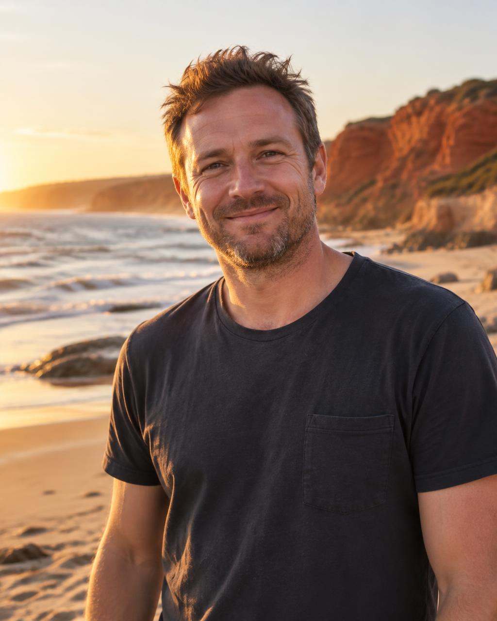 The founder of I Wanna Live in Australia on a Western Australian beach