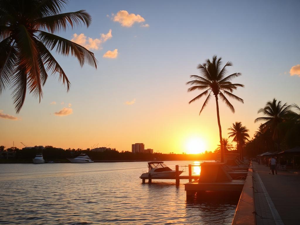 Darwin harbour at sunset with tropical palms